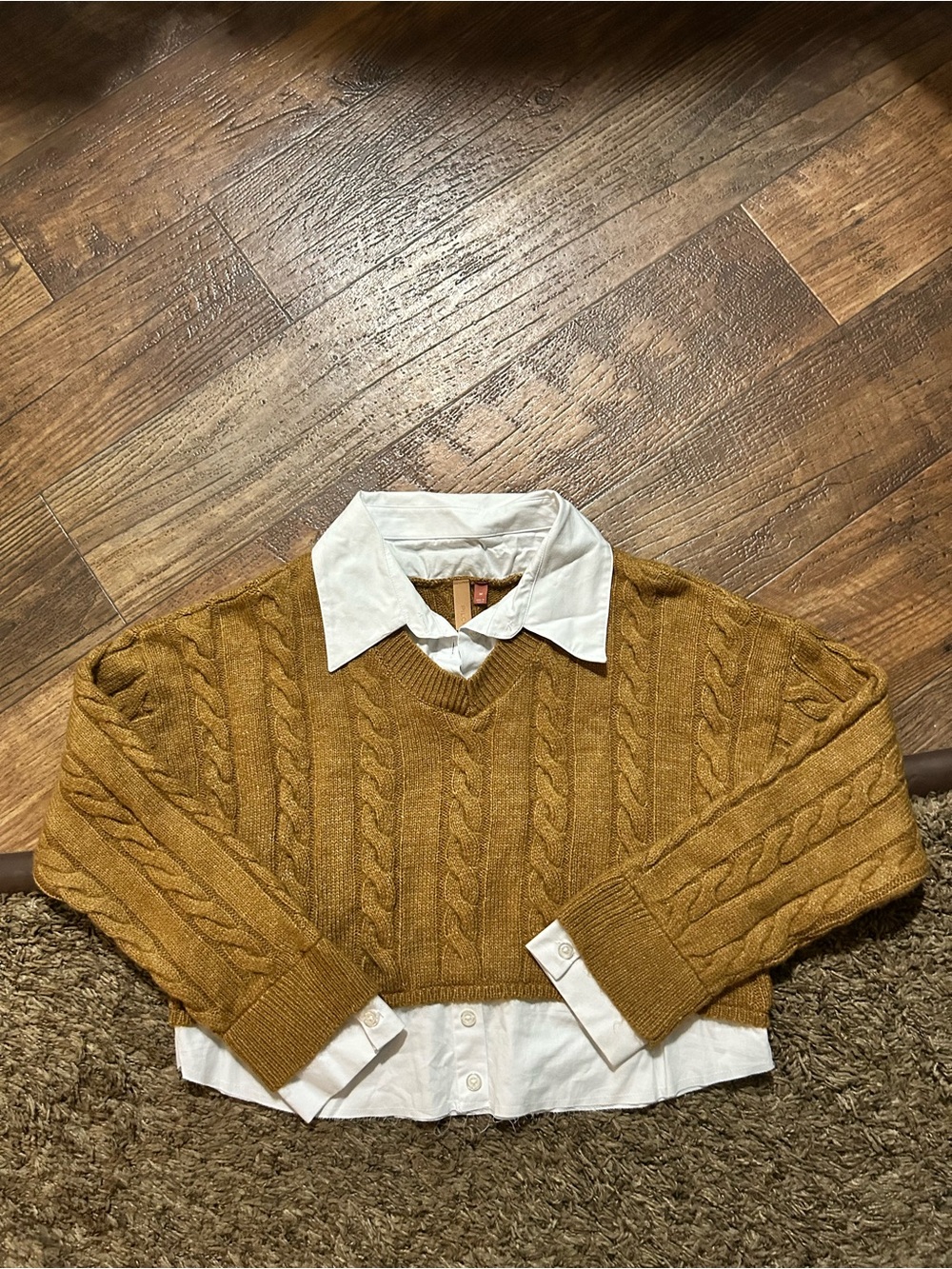 Pilcro Cropped Cable-Knit Twofer Sweater - Mustard Brown